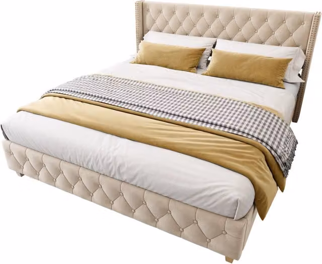 Letto matrimoniale 160x200 in velluto beige chiaro con rete a doghe， senza materasso