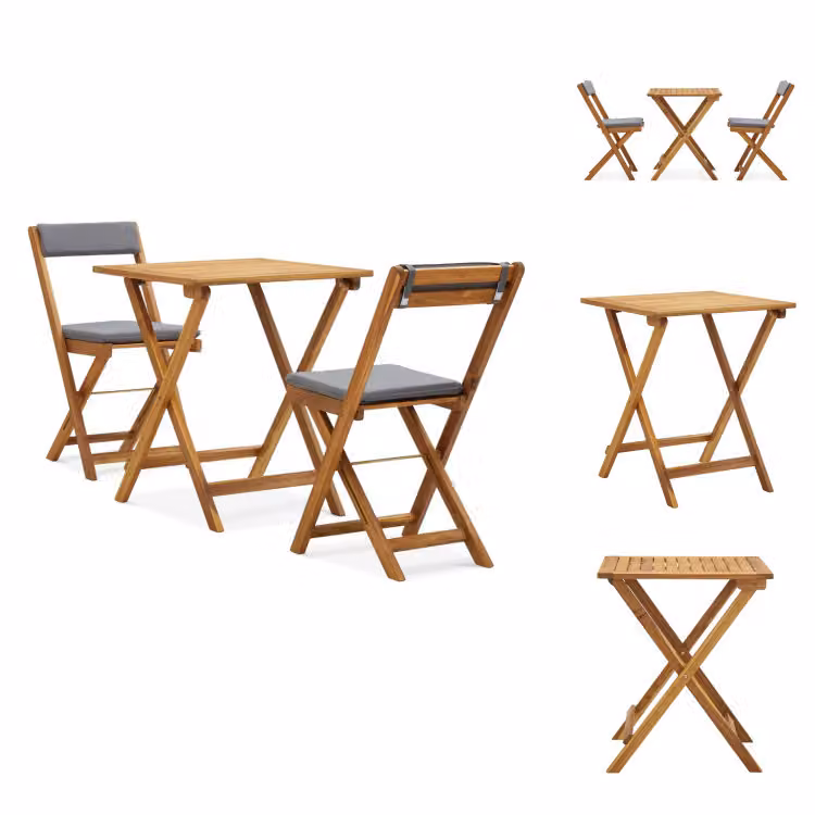 vidaXL Set bistrot 3 pezzi pieghevole con cuscini in legno massiccio di acacia - Set di mobili da giardino