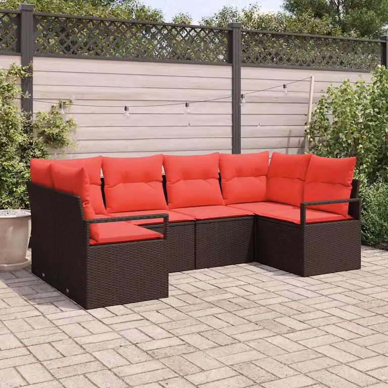 Set Divano da Giardino L-Shape vidaXL in Polyrattan con Cuscini Marrone e Rosso