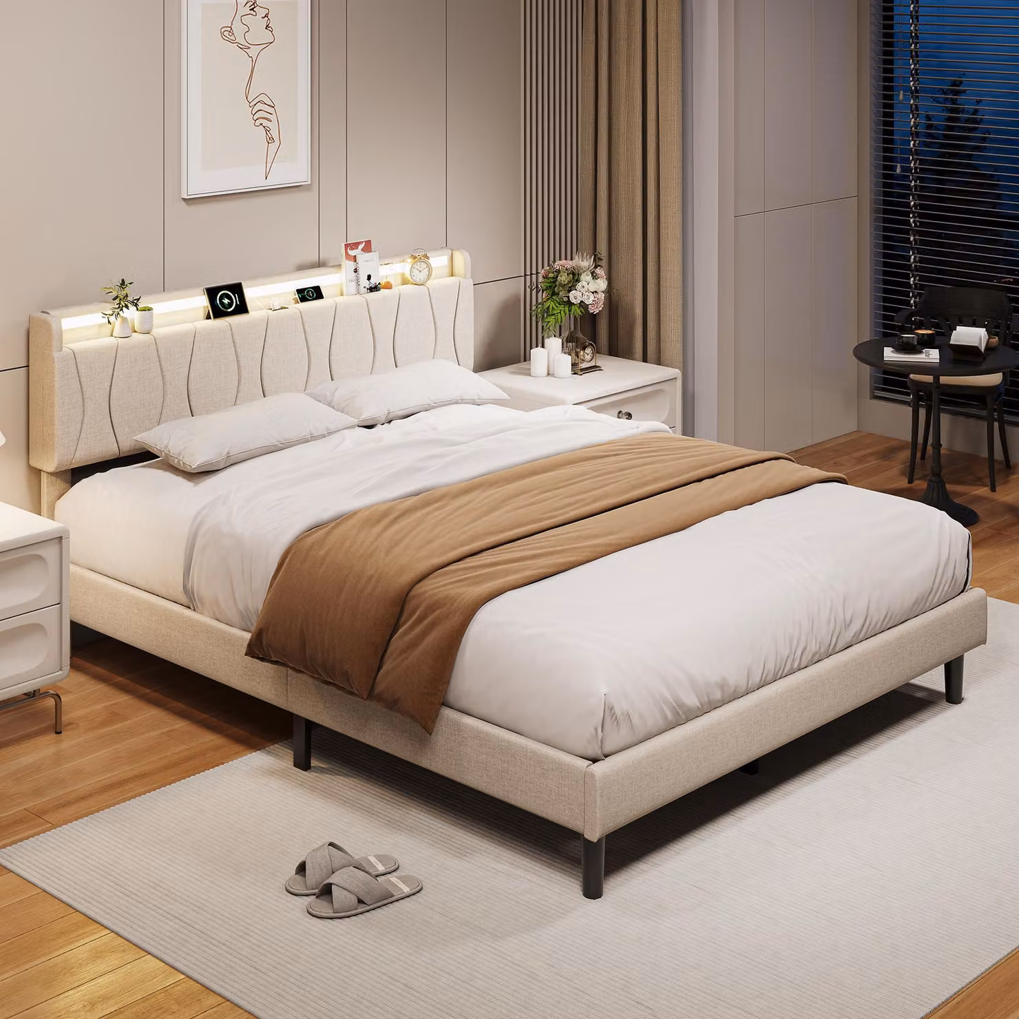 Letto matrimoniale ProximaX, 140x200 cm, color beige, con rivestimento in lino, illuminazione LED, porta USB-C e rete a doghe