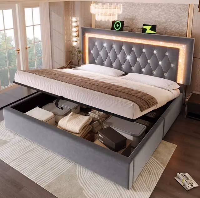 Letto matrimoniale MODFU in velluto grigio con contenitore idraulico, illuminazione LED e porte USB/USB-C, L/P: 160 x 200 cm – 1
