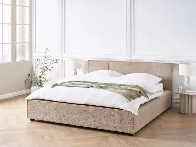 Letto matrimoniale Beliani in tessuto bouclé beige con struttura in legno di faggio stile moderno L/P/H: 160 x 200 x 231 cm – 1