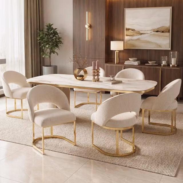 Set di 6 sedie da pranzo in bouclé beige con gambe in metallo dorato dalla forma curva per sala da pranzo