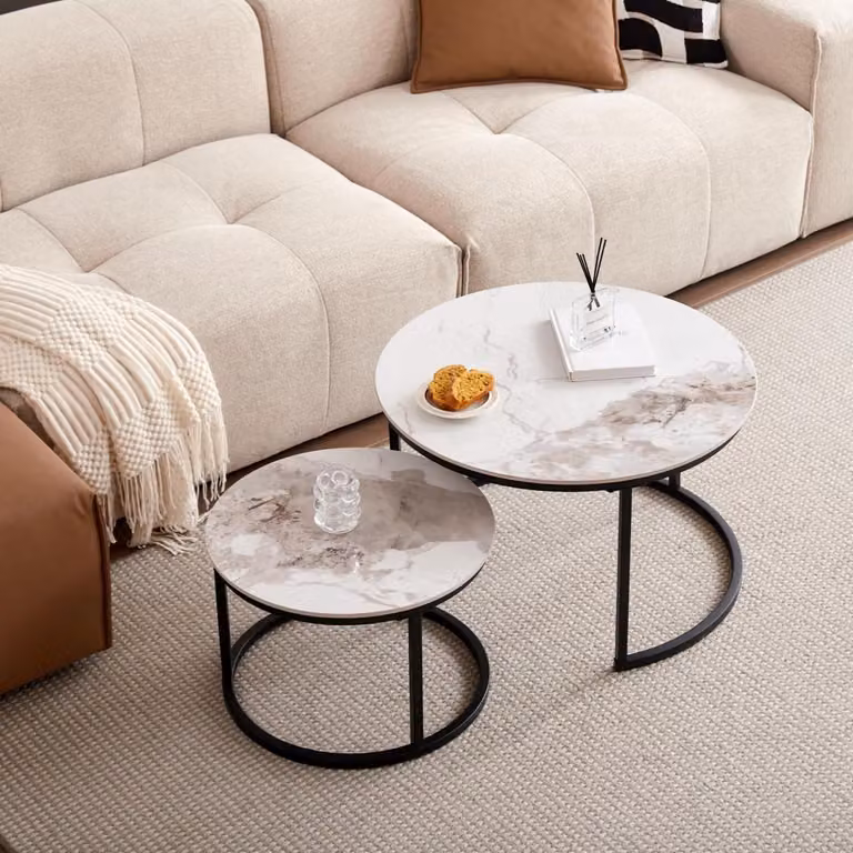 Tavolino rotondo, tavolino ausiliario, bianco, grigio, pietra sinterizzata, metallo, 70 x 70 x 45 cm