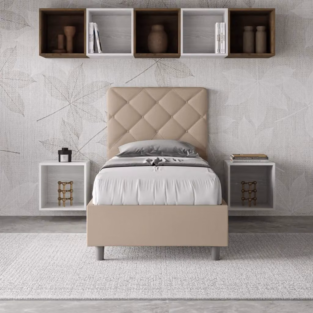 Letto Singolo Moderno GIORDANOSHOP con Contenitore a Alzata in Tessuto Beige L/P/H: 80 x 200 cm – 2