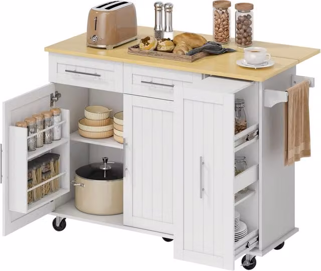 Carrello da Cucina con Ruote Isola Salvaspazio con Piano Estendibile in MDF Bianco Cassetti e Ante Pratico