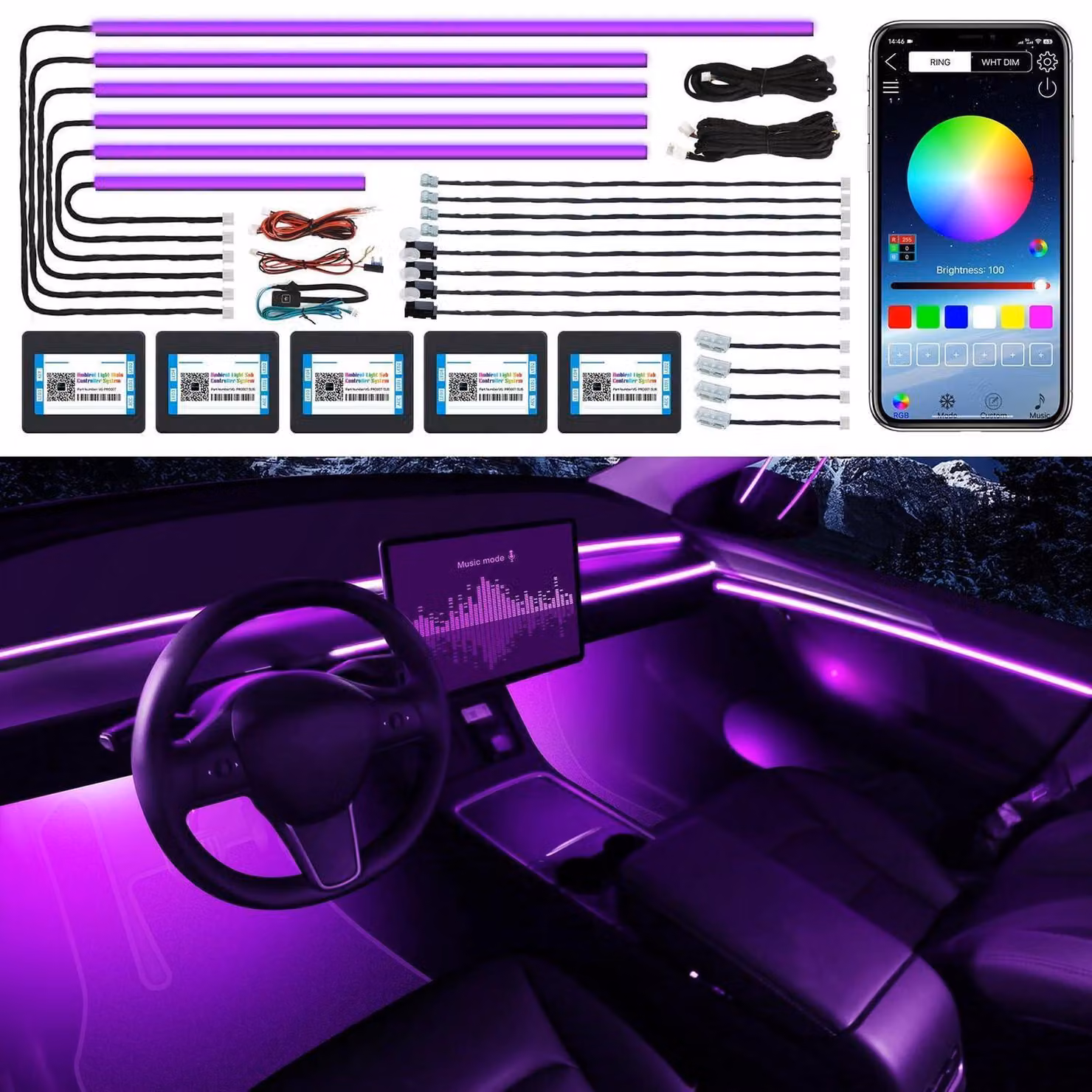 Illuminazione interna per auto a LED, RGB, controllo tramite app, 18 modalità, 600 LED, 175 pollici, con attivazione sonora