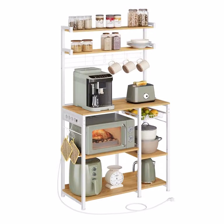 Scaffale da Cucina con Prese di Corrente Ganci a S, Rovere Dorato + Bianco Nuvola
