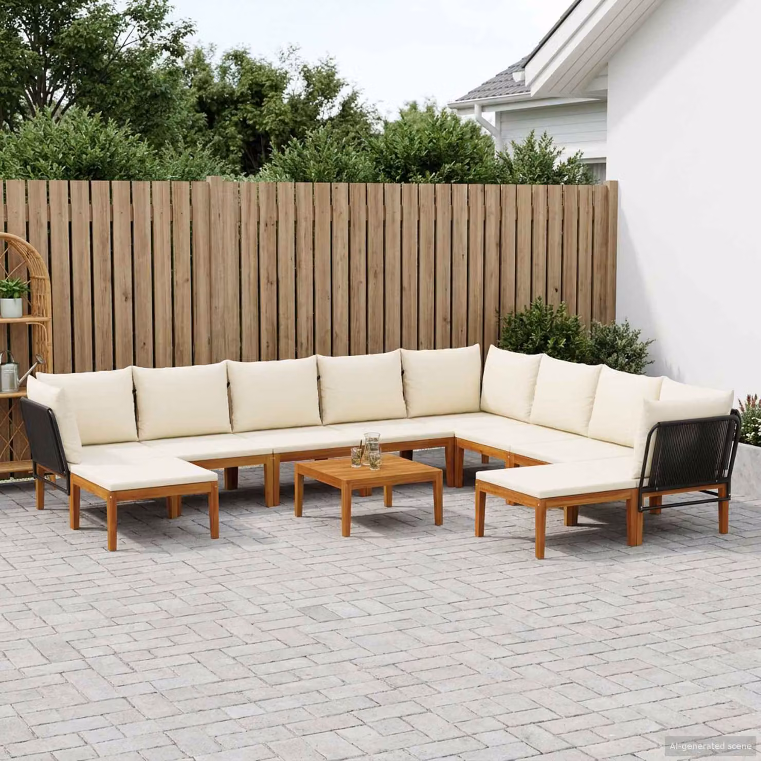 Set da giardino vidaXL in 11 pezzi in legno di acacia e corda con cuscini, componibile a L per esterno, colore naturale
