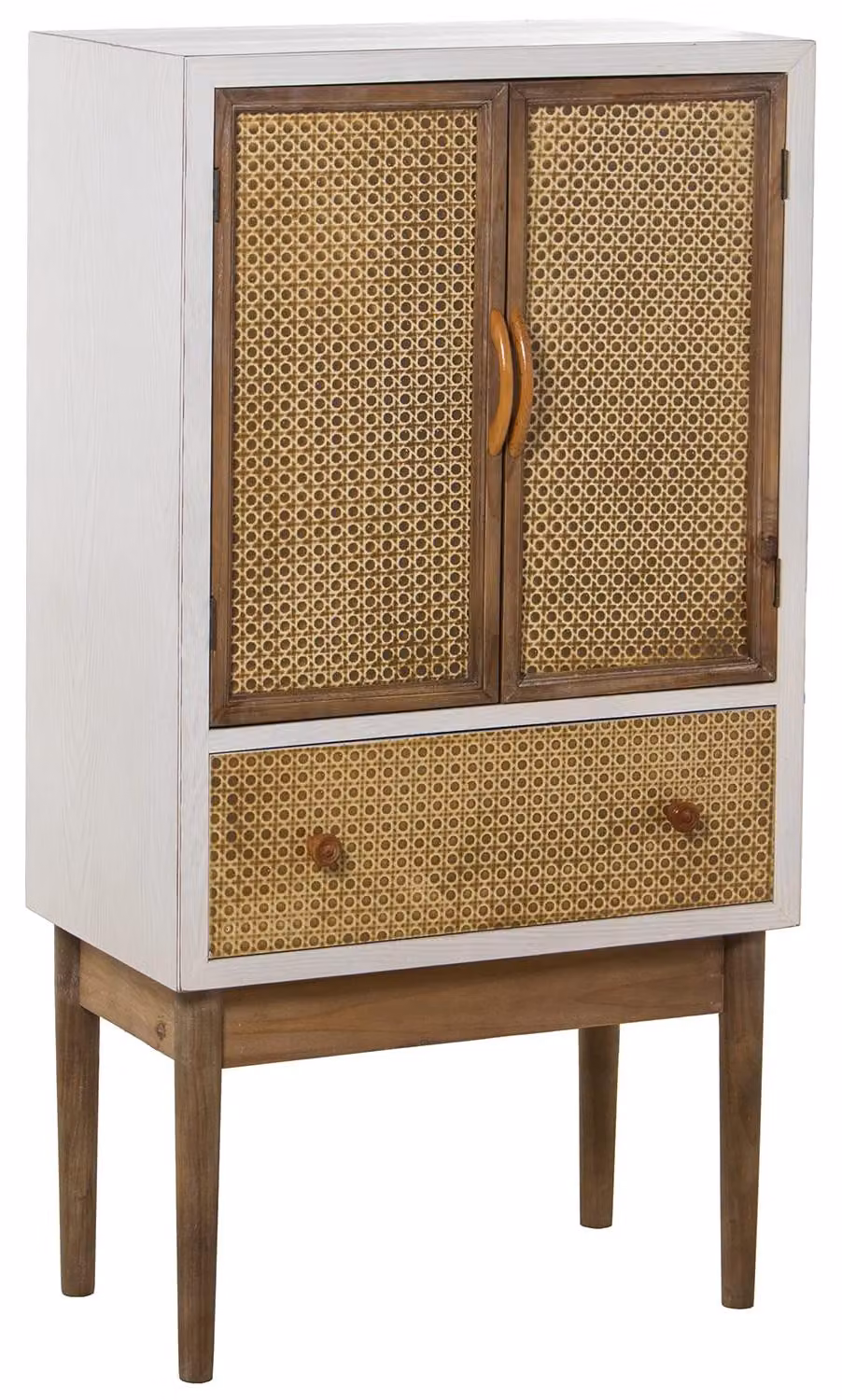 Mobiletto con 2 ante e 1 cassetto, in legno, bianco/naturale, dimensioni 60x35x116 cm