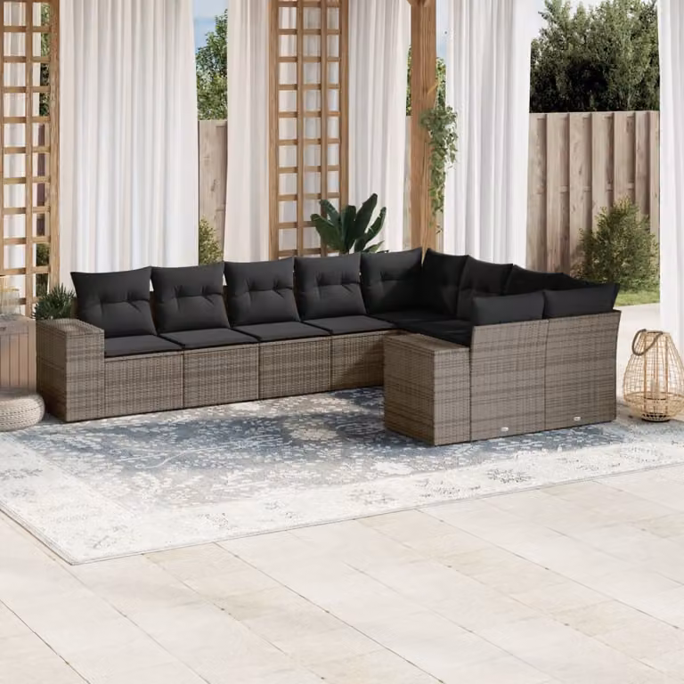 vidaXL Set Divano da Giardino a L 9 pz con Cuscini Grigio in Polyrattan e Struttura in Metallo
