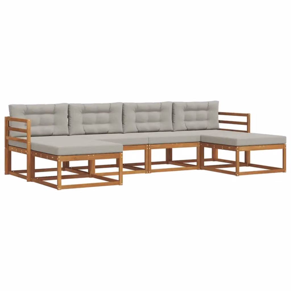 Set di divani da esterno a L vidaXL in legno di acacia con pouf e cuscini, beige e grigio – 2