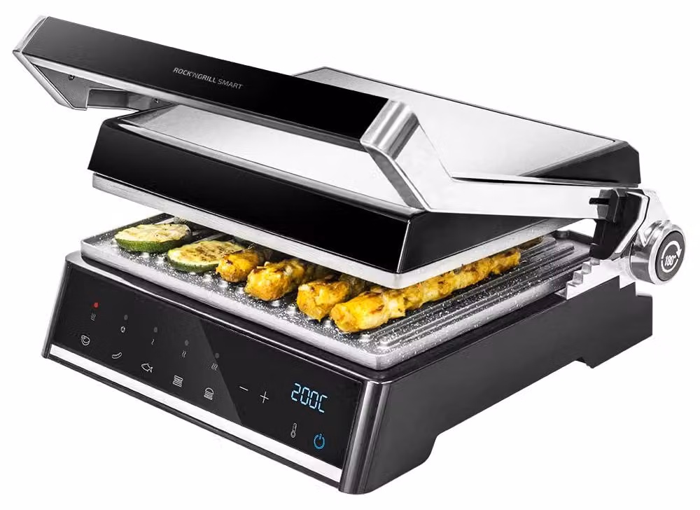 Piastra grill elettrica da 2000 W, con tecnologia AutoCook, marca RockStone, apertura a 180°
