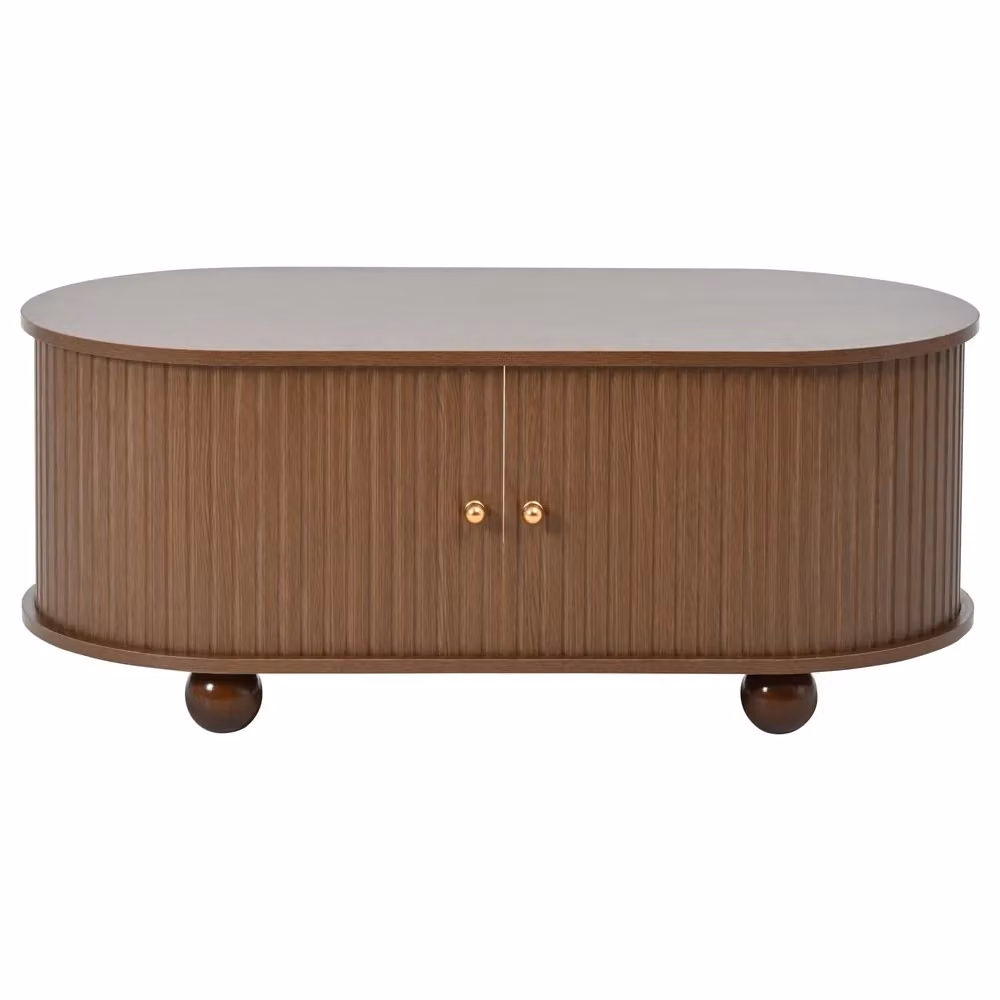 Tavolino da caffè Minimal con piano ovale e gambe a quattro punte, colore marrone effetto legno, L: 100 cm, P: 50 cm, H: 40 cm – 2
