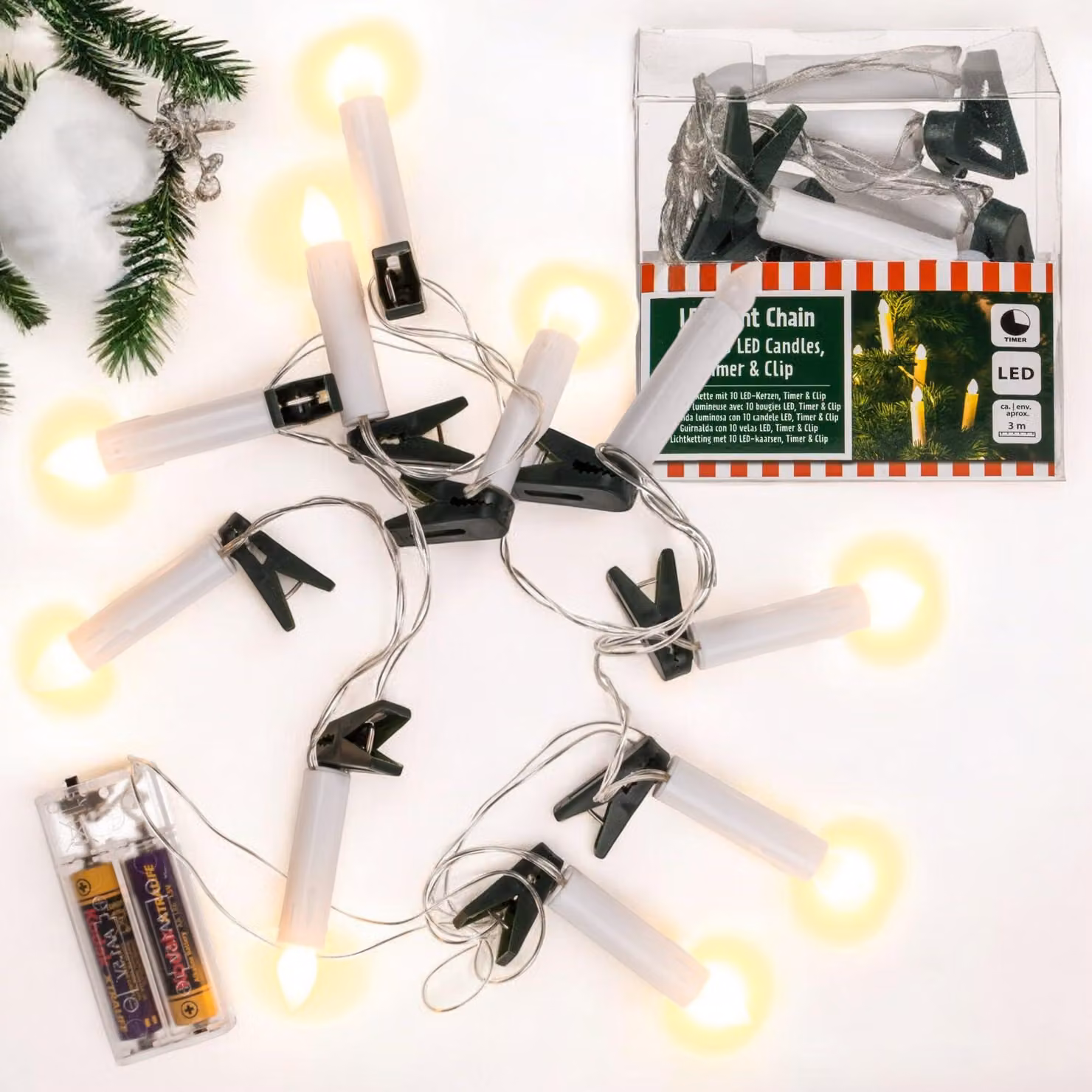 Catena luminosa a LED con 10 luci a forma di candela, lunghezza 3 metri, alimentazione a batteria, con timer