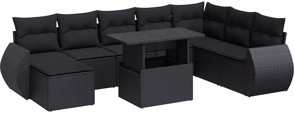 Set Divani da Giardino 9 pz con Cuscini Nero in Polyrattan