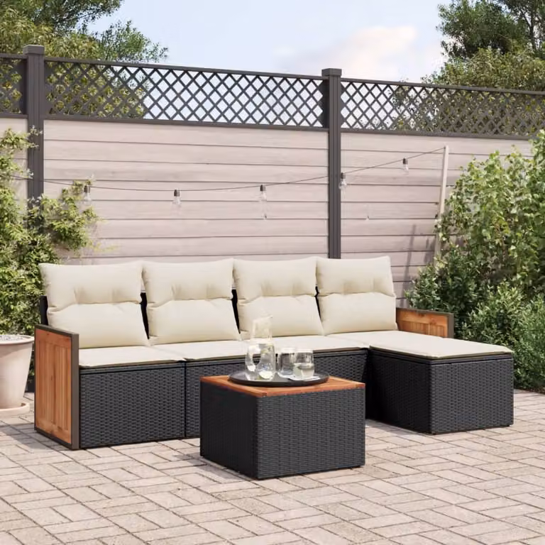 vidaXL Set Divano da Giardino 6 pz in Polyrattan Nero con Cuscini e Tavolino da Caffè