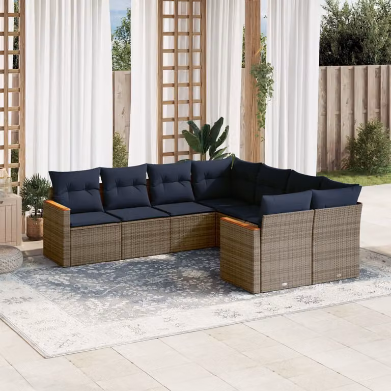 Set di divani da giardino vidaXL a forma di L composto da 8 pezzi con cuscini grigi e blu in polyrattan e struttura in metallo
