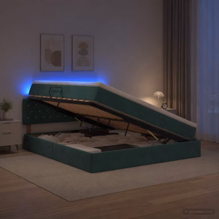 Letto con contenitore e illuminazione LED vidaXL, colore verde, con materasso a molle, L/P/H: 140 x 200 x 88 cm