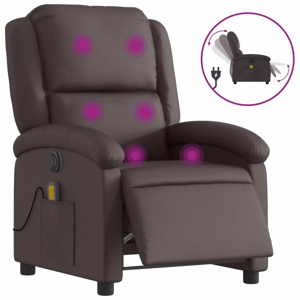 vidaXL Poltrona Massaggi Reclinante Elettrica in Vera Pelle Marrone – 2