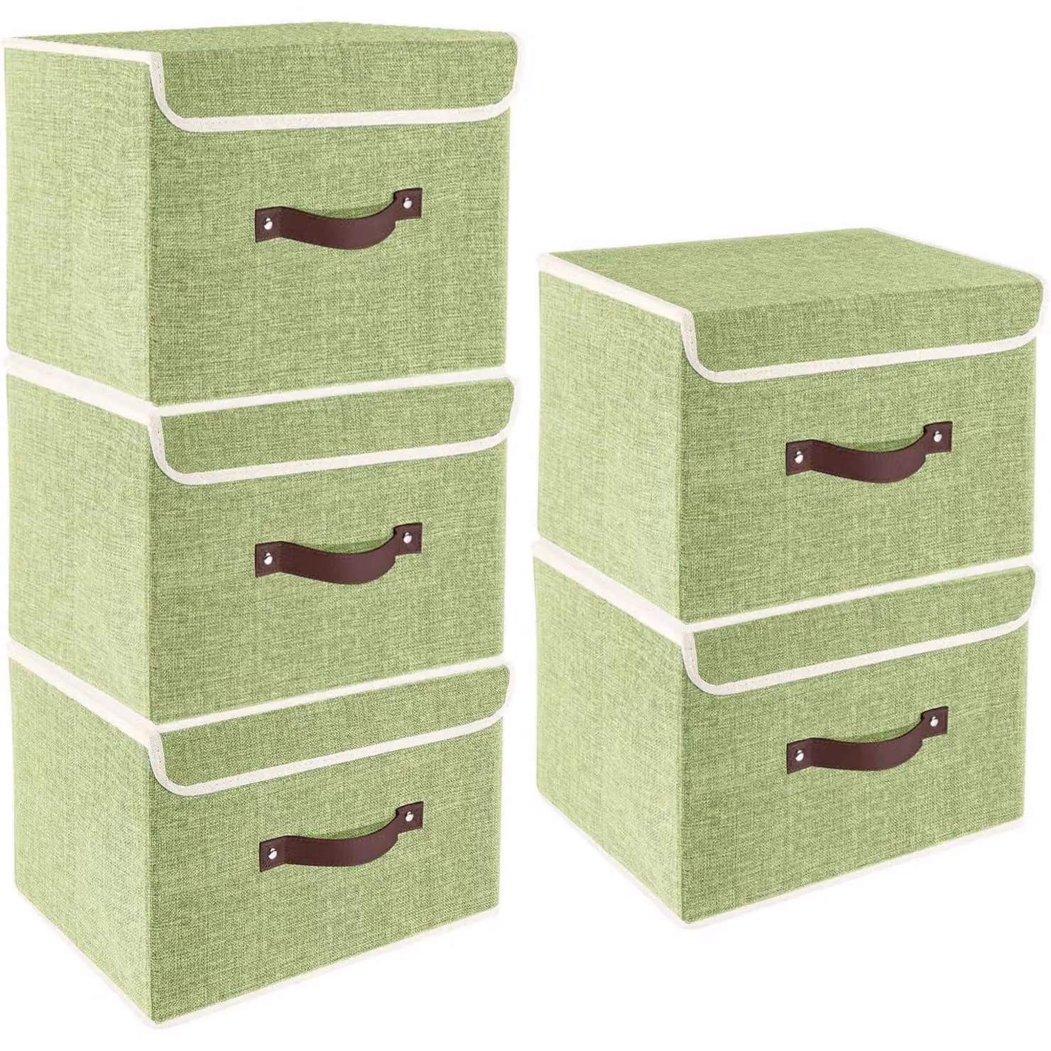 Contenitore pieghevole con coperchio, in tessuto, lavabile, set da 5, colore verde, dimensioni 38x25x25 cm
