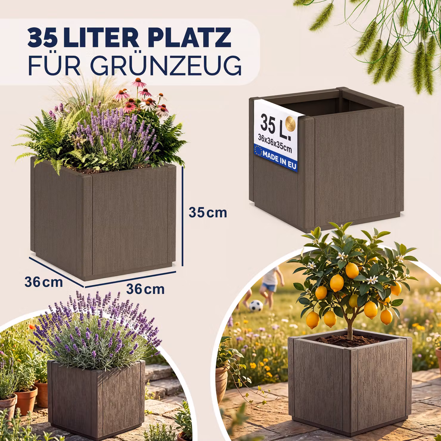 Vaso da giardino Casaria® in plastica antracite H: 80 cm, L: 36 cm, P: 36 cm – 2
