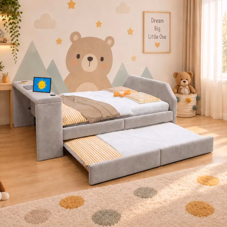 Letto imbottito Flieks, 140 x 200 cm, con scrivania integrata; letto singolo con letto estraibile per ospiti; lettino per bambini con porta USB; colore grigio; materiali: velluto, legno e metallo