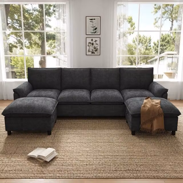 Divano panoramico a U MIVRAY in ciniglia nero con 2 pouf mobili e schienale alto, L: 264,5 cm, P: 84 cm, H: 142,5 cm