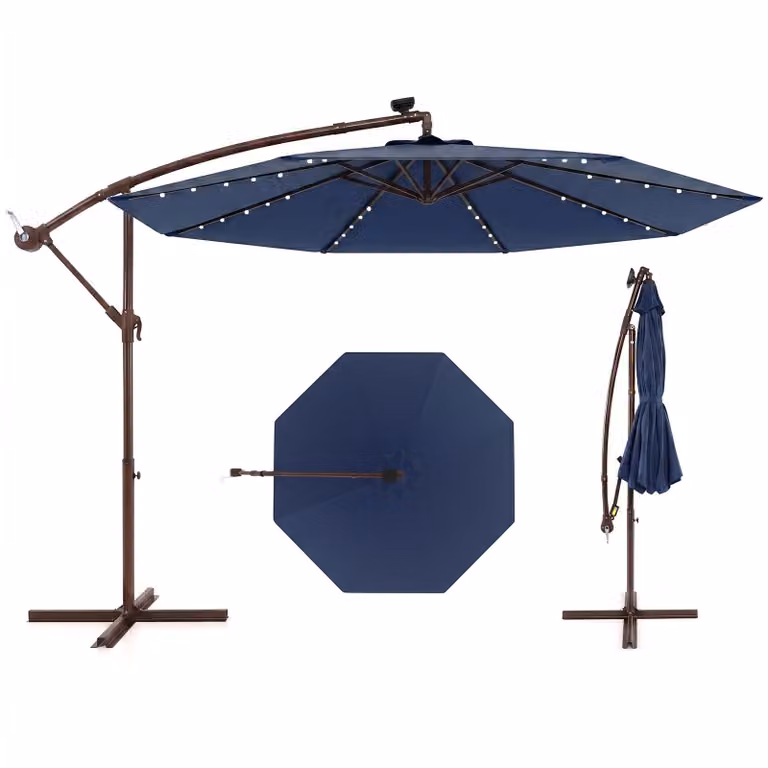 Ombrellone COSTWAY φ300cm, ombrellone a sbalzo con 40 luci LED solari e manovella, ombrellone da giardino, ombrellone da mercato, ombrellone da patio blu navy