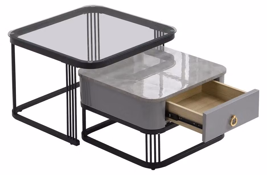 Set di tavolini da caffè - Tavolini aggiuntivi impilabili - Set da 2 - Aspetto marmo - Cassetti - Dettagli dorati - MDF nero