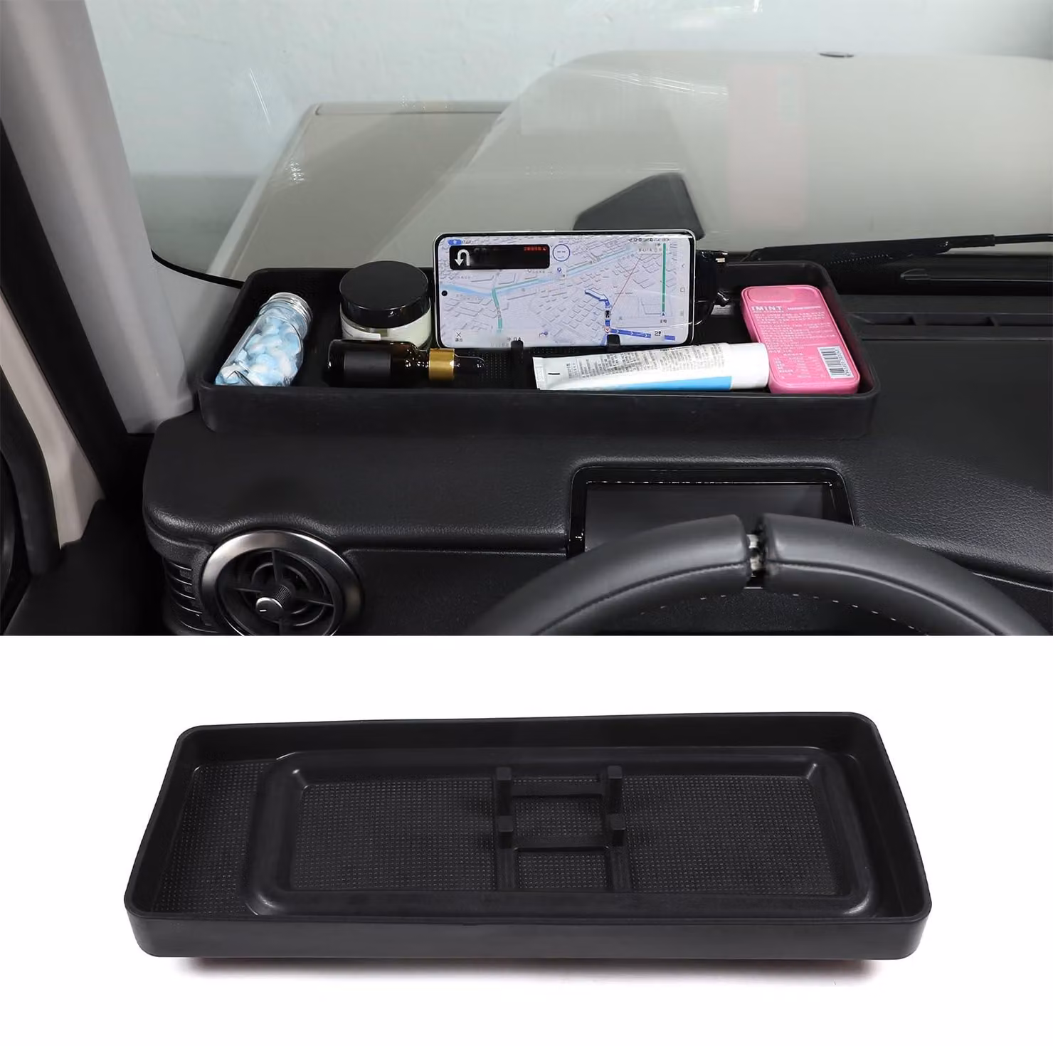 Contenitore portaoggetti per cruscotto auto con supporto per cellulare