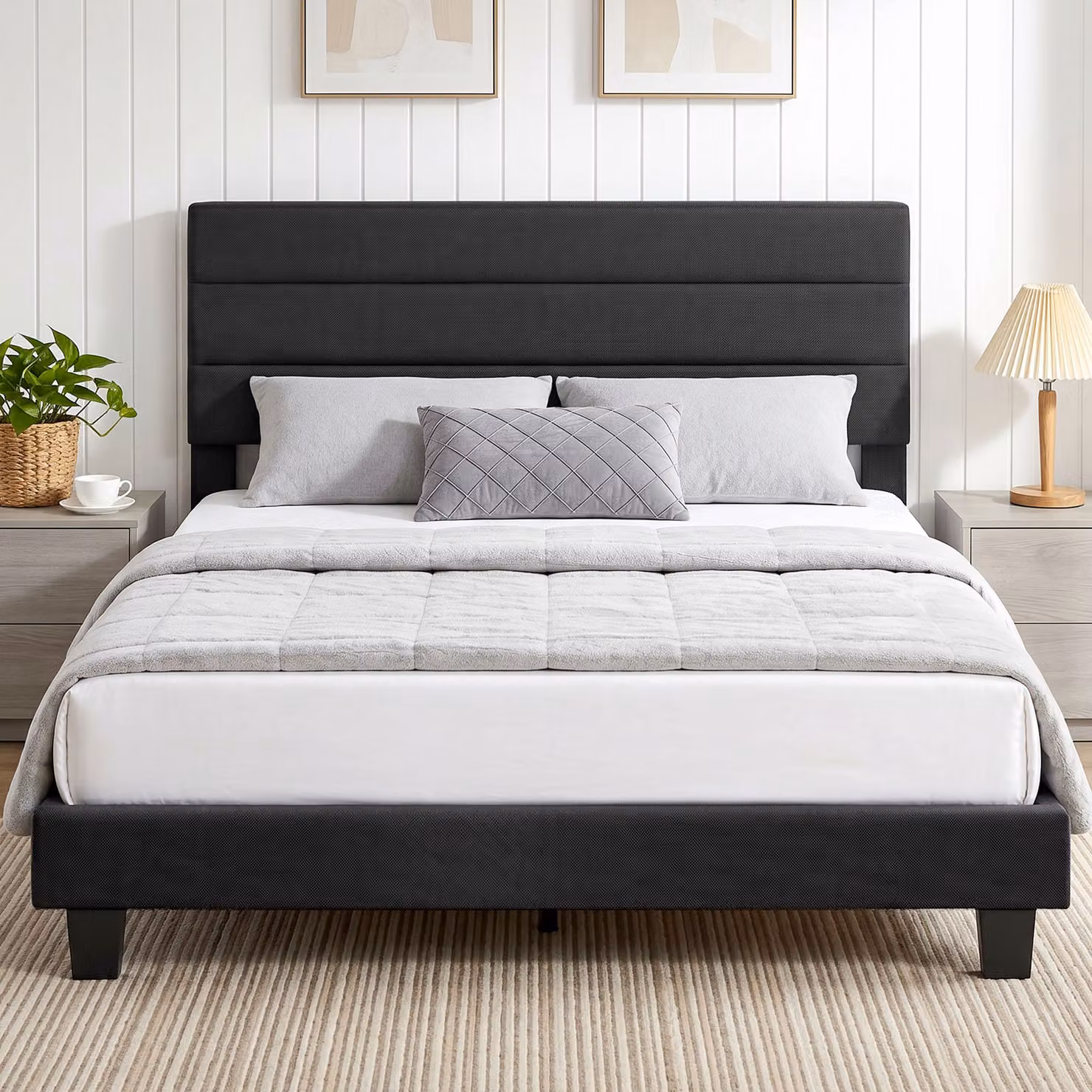 Letto Matrimoniale HOMCOM in Tessuto Effetto Lino con Testiera Regolabile, Nero, L: 164 cm, P: 208 cm – 2
