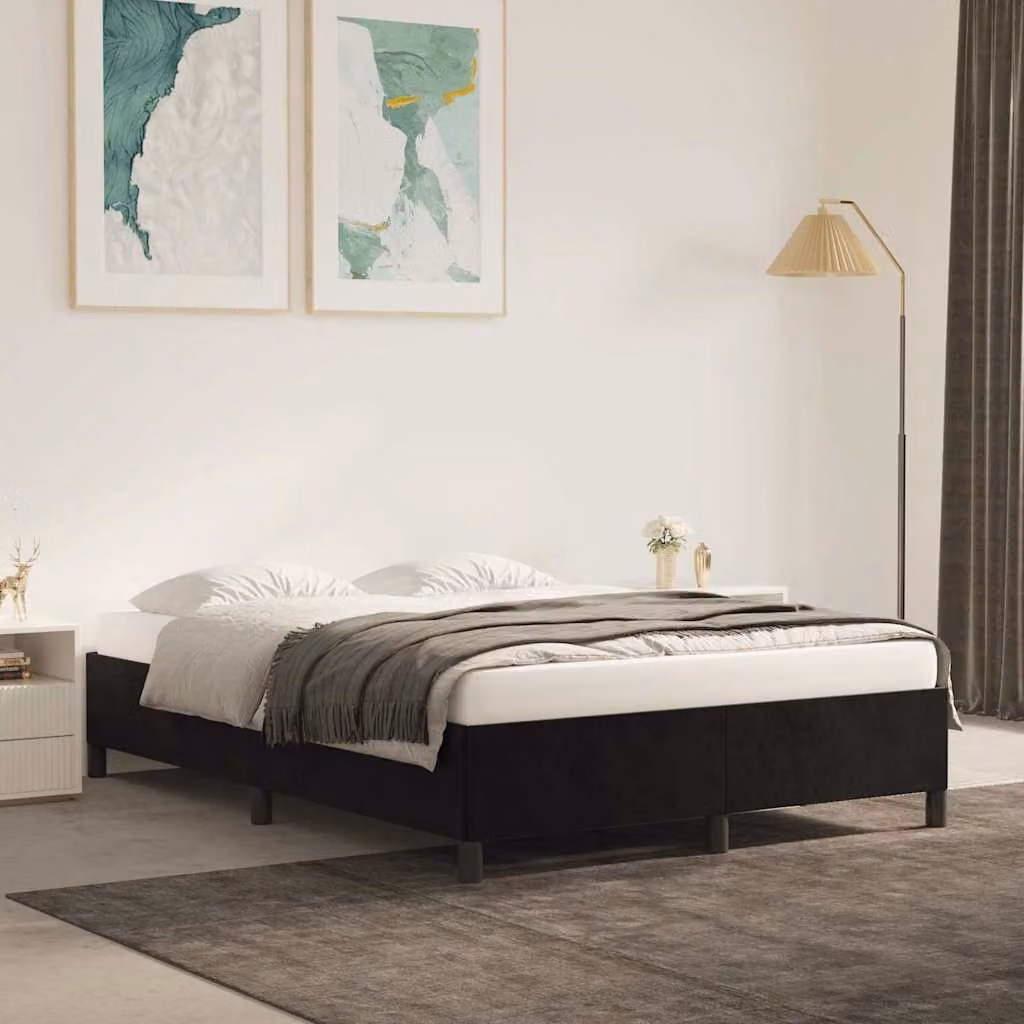 vidaXL Giroletto in Velluto Nero con Listelli in Legno L/P/H: 140 x 200 x 35 cm