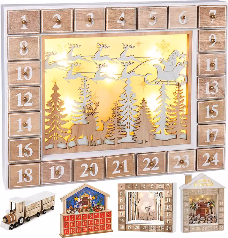 Brubaker Calendario dell'Avvento in legno riutilizzabile da riempire - Babbo Natale volante con illuminazione a LED - Calendario natalizio fai da te 35,5 x 6 x 27 cm