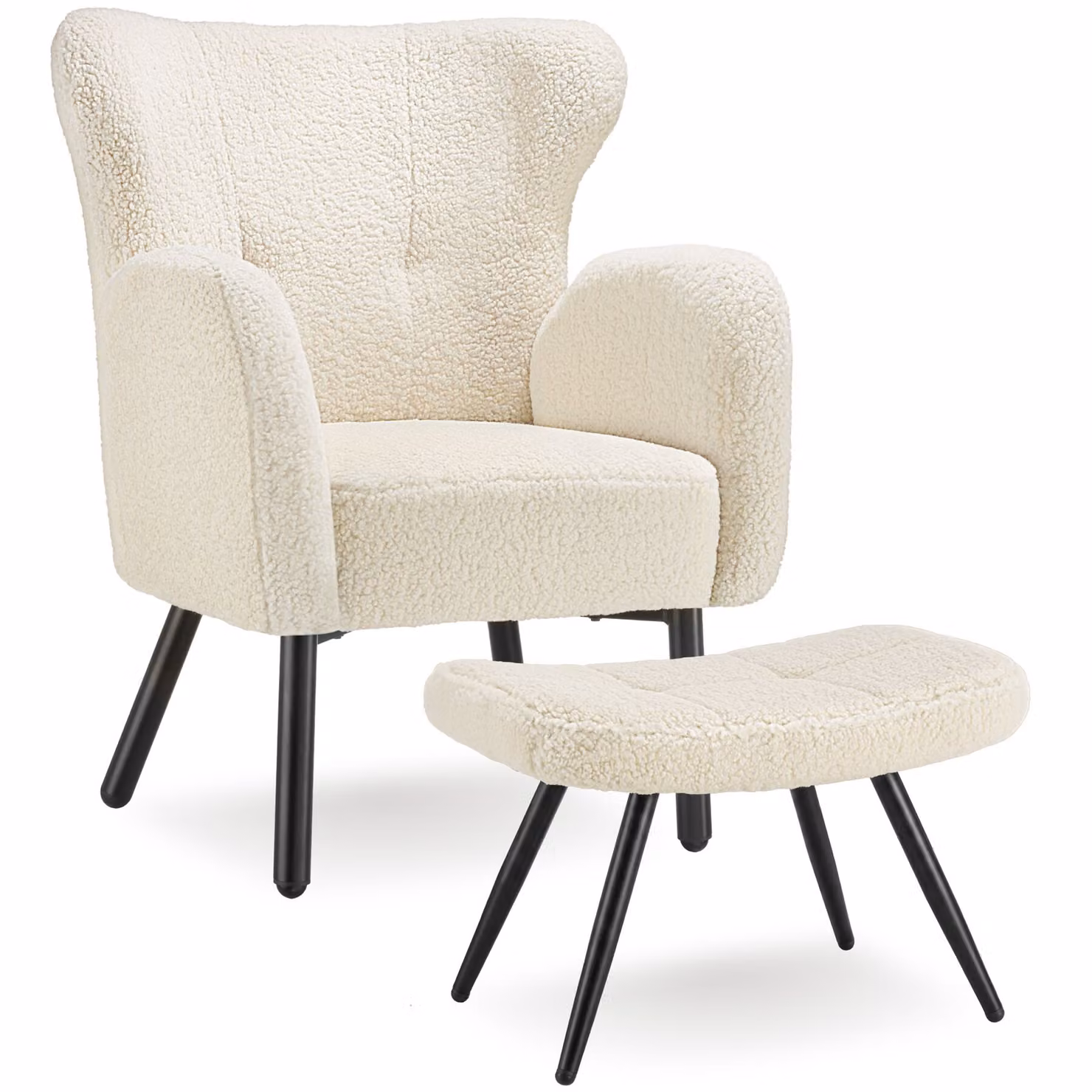 Poltrona con poggiapiedi integrato Tectake in tessuto Bouclé stile scandinavo, Bianco/Nero, L: 92 cm, P: 72 cm, H: 71 cm – 1