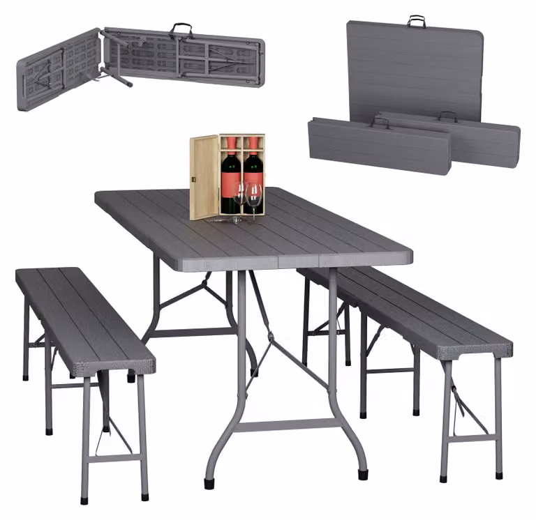 Set da birreria pieghevole Relaxdays, set da 3 pezzi con panca da birreria e tavolo grande, da giardino, set da tendone, effetto legno, grigio