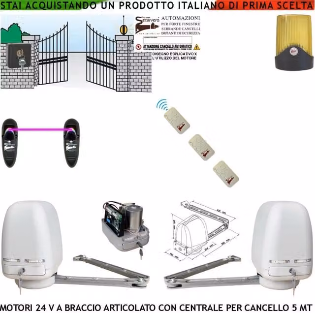 Automazione Cancello Kit Motori Braccio Articolato 24 V 2 Ante da 0,5 a 2,5 MT Centrale 220/24 V Faro Selettore Coppia di Fotocellule 3 Radiocomandi