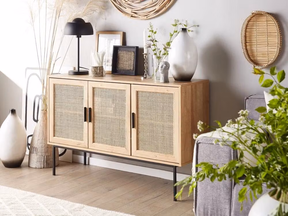 Credenza Beliani in stile Boho con dettagli in Rattan e Metallo, Colore Marrone e Beige, L: 120 cm – 2