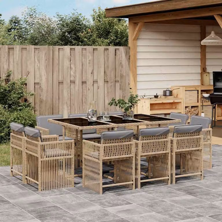 Set Pranzo da Giardino vidaXL 11 pz in Polyrattan con Cuscini Beige e Grigio e Tavolo in Vetro