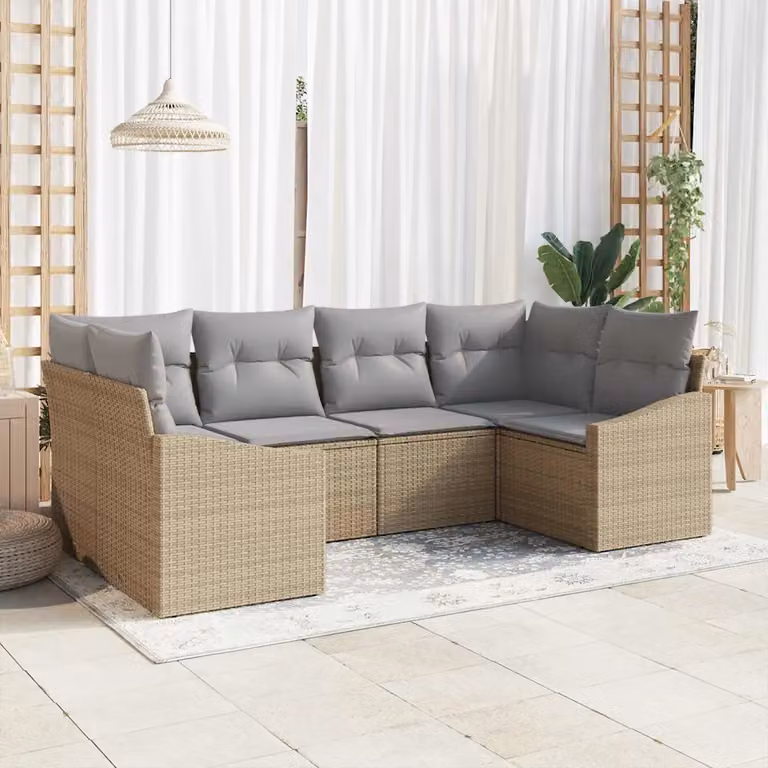 Set di divani da giardino vidaXL a forma di L con 6 pezzi, colore beige, in rattan con struttura in metallo e cuscini inclusi