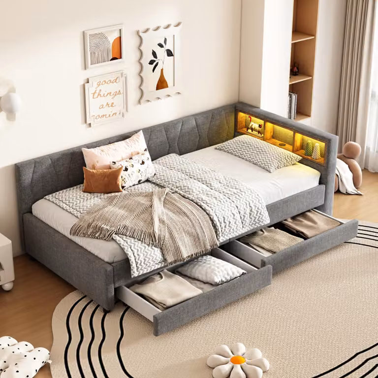 okwish divano letto, letto da giorno 90*200 cm, spazio di archiviazione, USB+Type-C per illuminazione ambientale a LED, letto con due cassetti (senza materasso) grigio