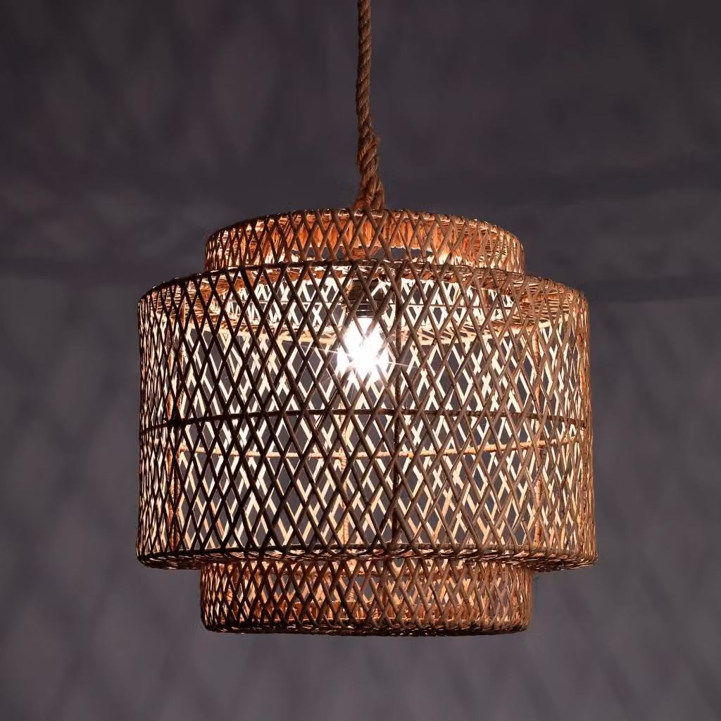 Lampadario sospeso ORESTELUCHETTA in rattan e legno marrone stile boho per terrazzo e esterno, regolabile in altezza, attacco E27 – 2