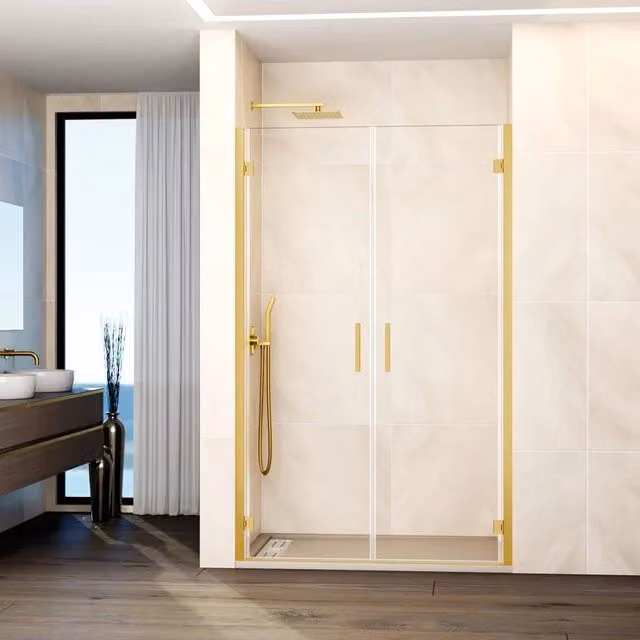 Box doccia rettangolare DUCHA con 2 porte battenti in vetro trasparente e finitura oro, Larghezza: 90 cm