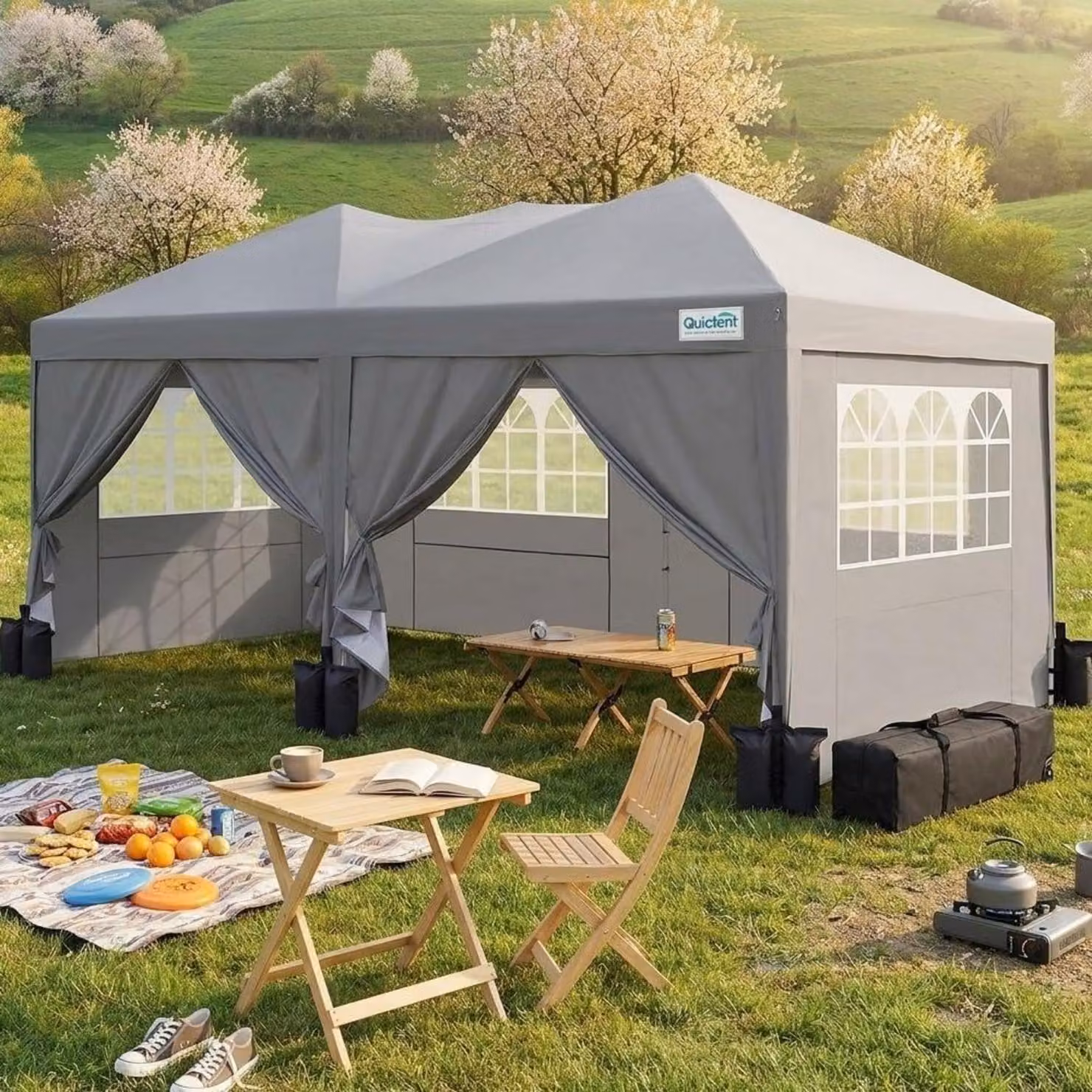 Gazebo da esterno 3x6 metri, impermeabile, con pareti laterali, protezione UV 50+, struttura in acciaio grigio