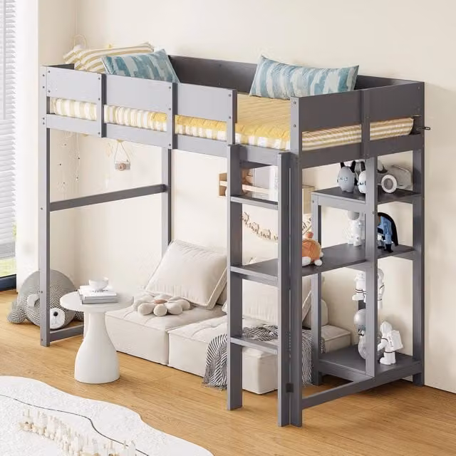 Letto a soppalco singolo MIVRAY in legno e MDF grigio con ripiano integrato, scomparti laterali e rete a 15 doghe, L/P/H: 200 x 90 x 160 cm