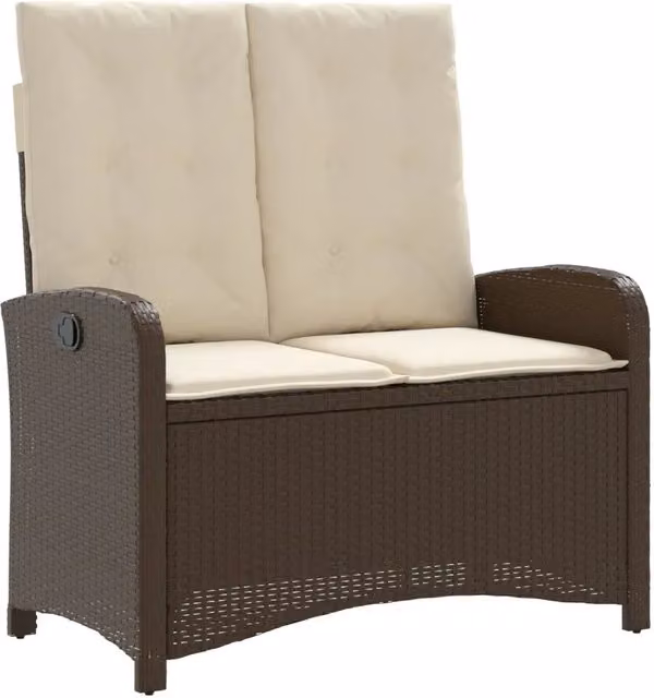 Panchina da Giardino Moderna in Polyrattan Marrone e Bianco con Braccioli e Cuscini in Tessuto L: 110 cm, P: 59 cm, H: 93 cm – 1