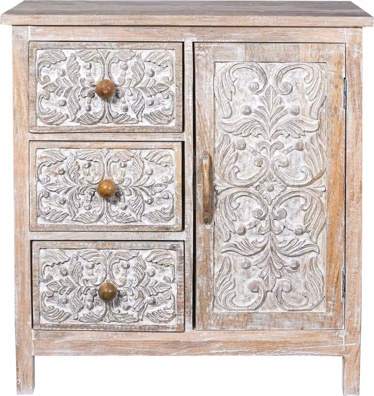 Cassettiera Marrakesh Boho con anta e 3 cassetti in legno bianco alta 80cm | Cassettiera Scandi Deco piccola Caitria per riporre oggetti di stile e decorazioni vintage in soggiorno e camera da letto