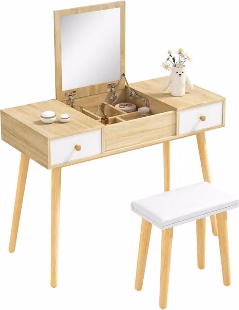 Tavolo da trucco Minimal con specchio in legno naturale, L: 100 cm, P: 45 cm, H: 118 cm