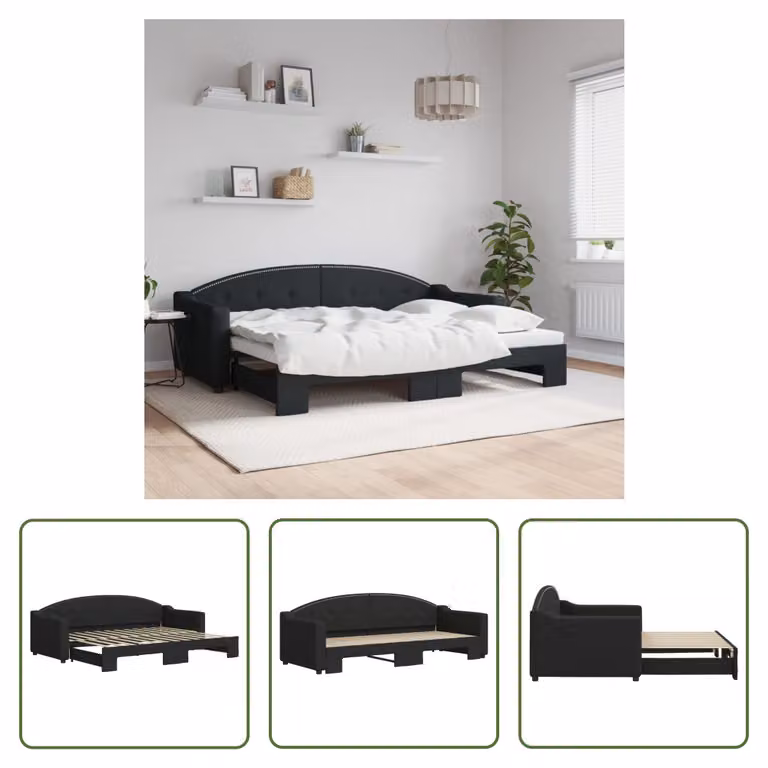 The Living Store letto da giorno allungabile nero 80x200 cm in tessuto