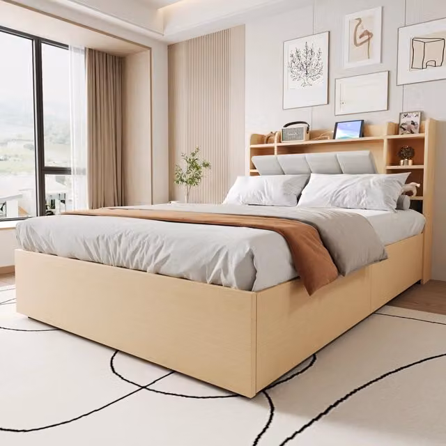 Letto contenitore 140 x 200 cm con contenitori, meccanismo idraulico e USB/USB-C, letto in MDF effetto legno naturale con testiera a scomparti